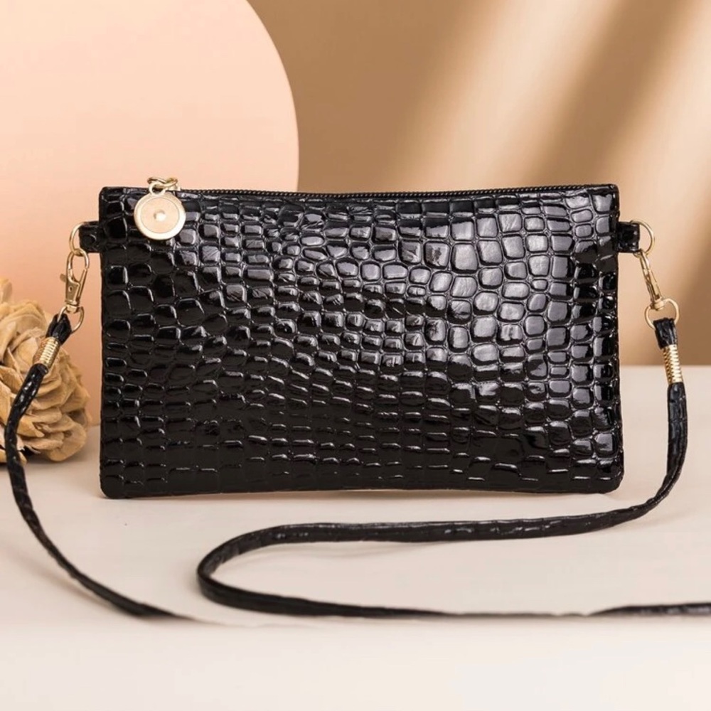 New Black & Gold Vegan Leather Croc Embossed Crossbody Bag - Picture 4 of 16